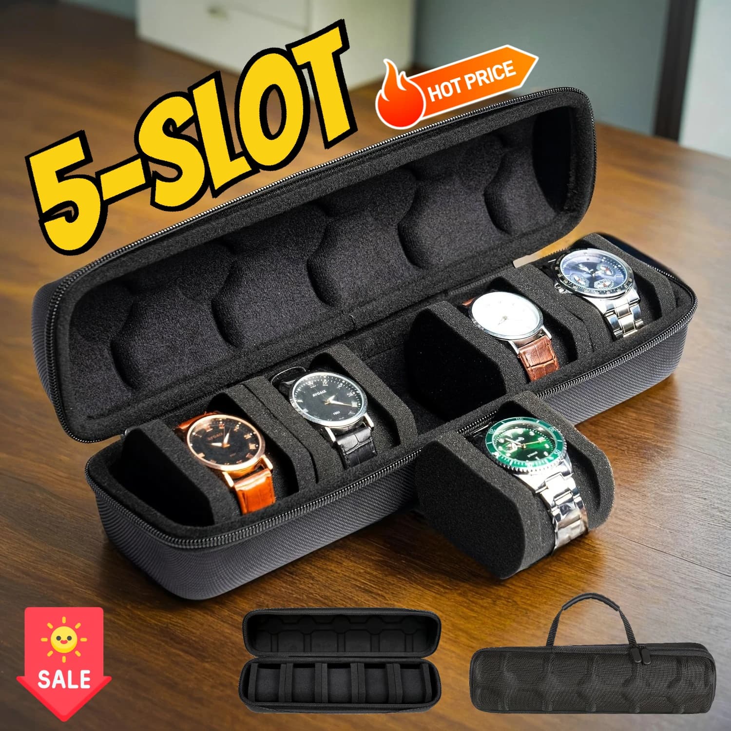 Scatola Porta Orologi a 5 Scomparti, Custodia da Viaggio Rigida per Orologi, Espositore Portatile con Cuscini per Uomo, Borsa per Regali e Conservazione