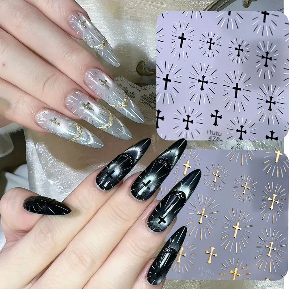 1 Foglio di Adesivi per Unghie 5D con Croce Gotica in Rilievo, Decorazioni Scintillanti Nere, Oro e Argento, Stile Punk Y2K