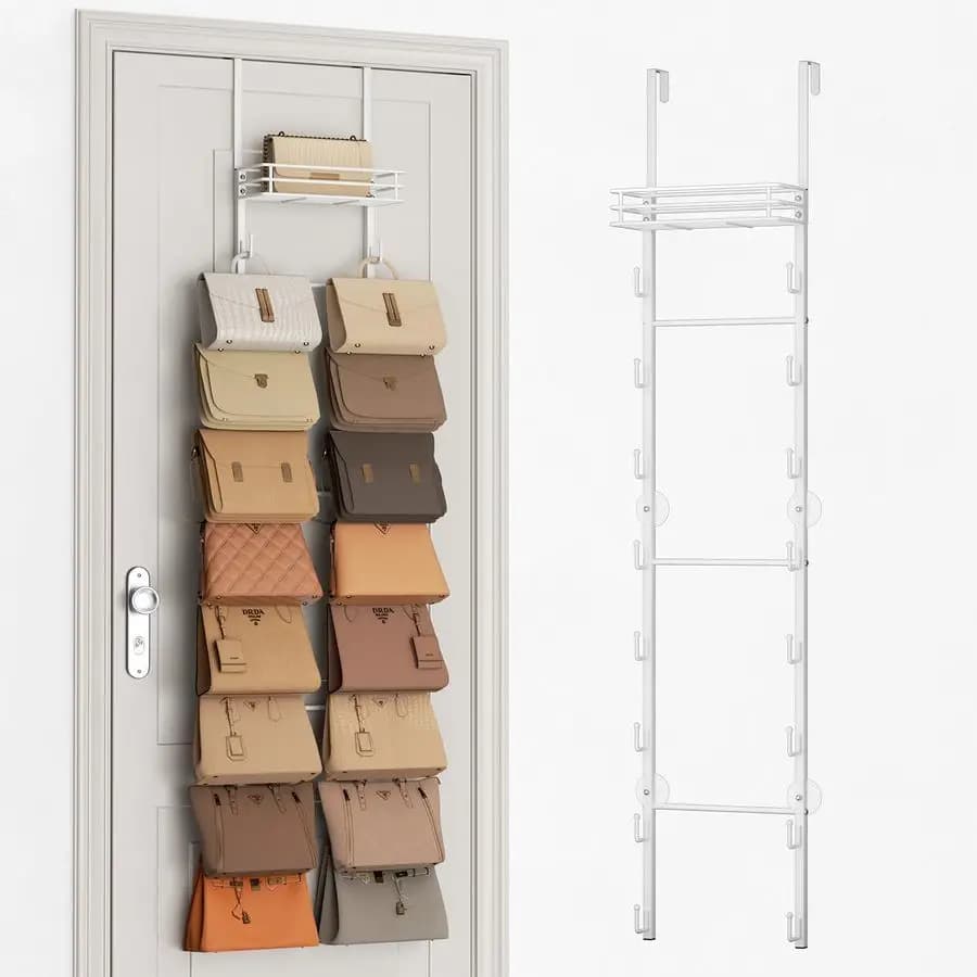 Organizzatore per Borse da Appendere Sopra la Porta, Porta Borse da Parete con 16 Ganci e Cestello in Metallo, Portaoggetti Sospeso per Borse