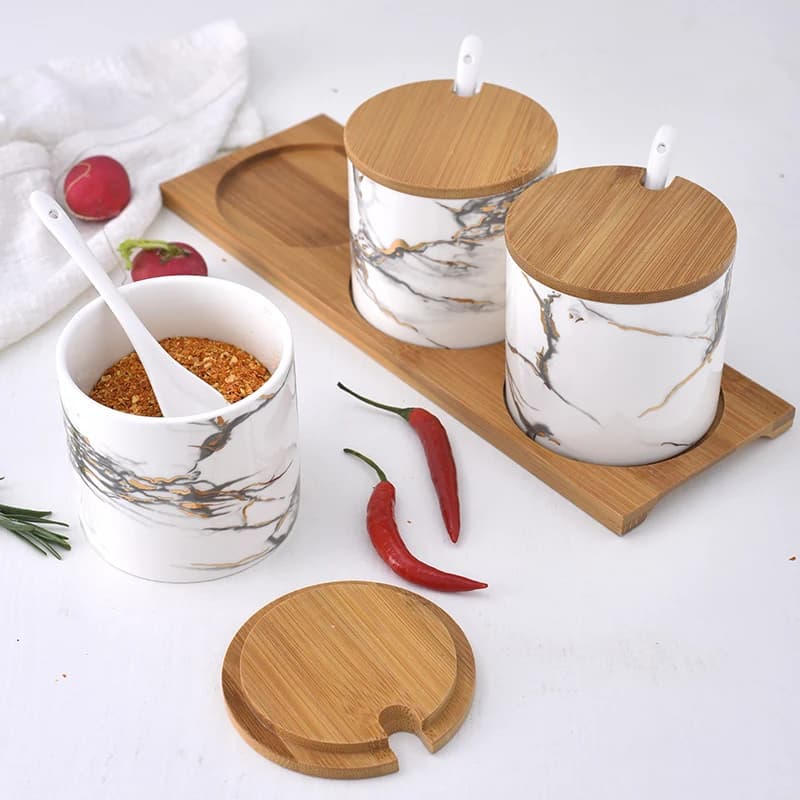 Barattolo per condimenti in ceramica con coperchio in legno, set di barattoli per spezie, sale e pepe, scatola per condimenti, porta bacchette, forniture da cucina
