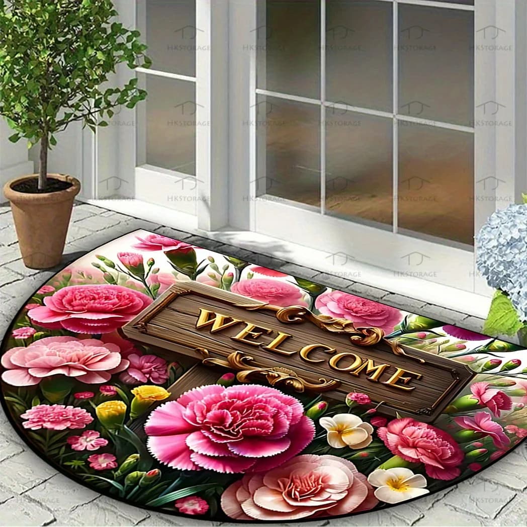 VIKAMA Welcome Pink Floral Pattern Semi-circular Door Mat Arched Mat Entrance Door Mat Home Decor Floor Rugs Welcome Carpets
