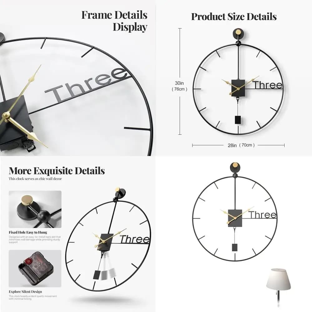 30 inch large wall clock, battery wall clock with pendulum, silent metal watch without ticking for living room furniture, modern