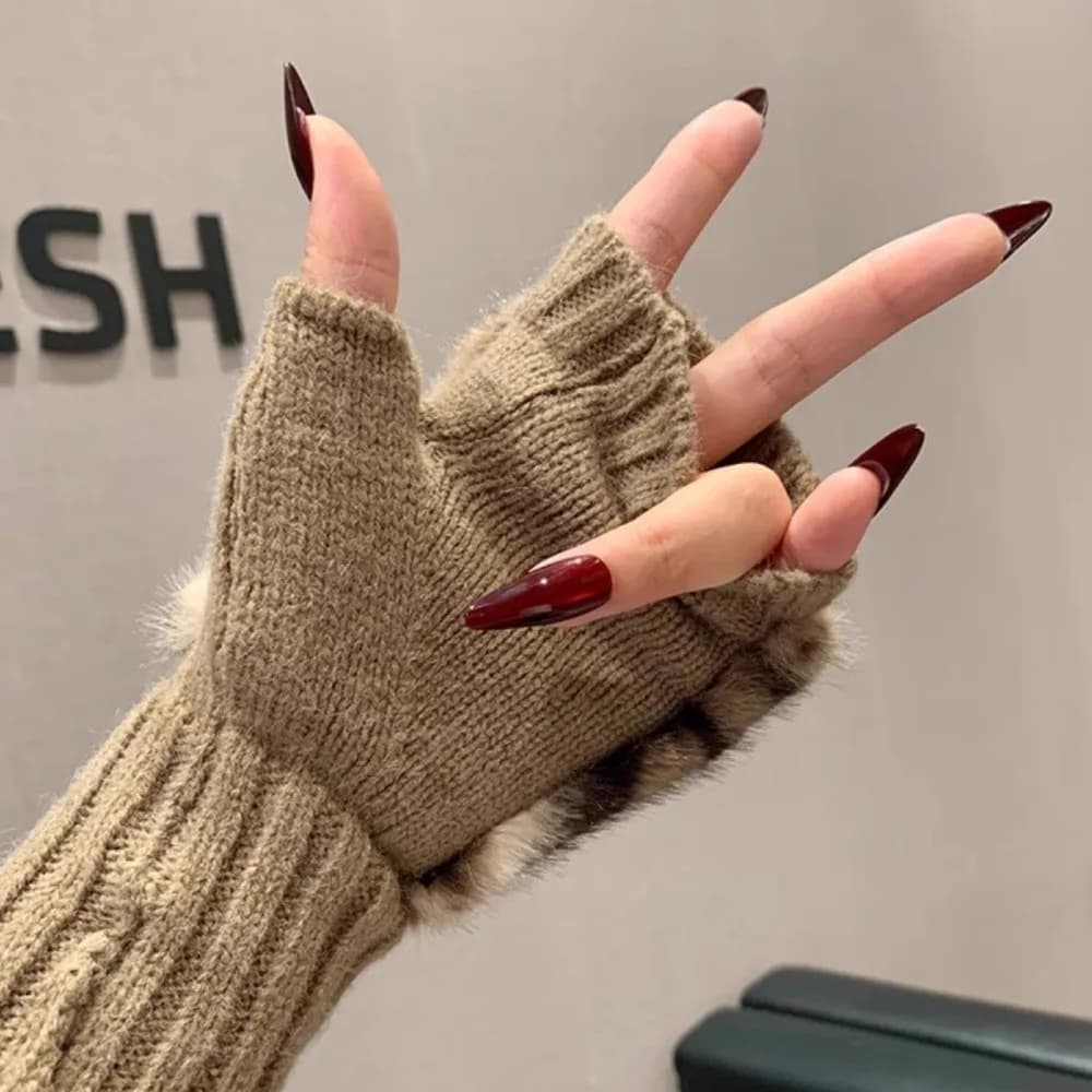 New Warm Fingerless Gloves Soft Knit Half-Finger Gloves Faux Fur Polyester Leopard Print Gloves Winter