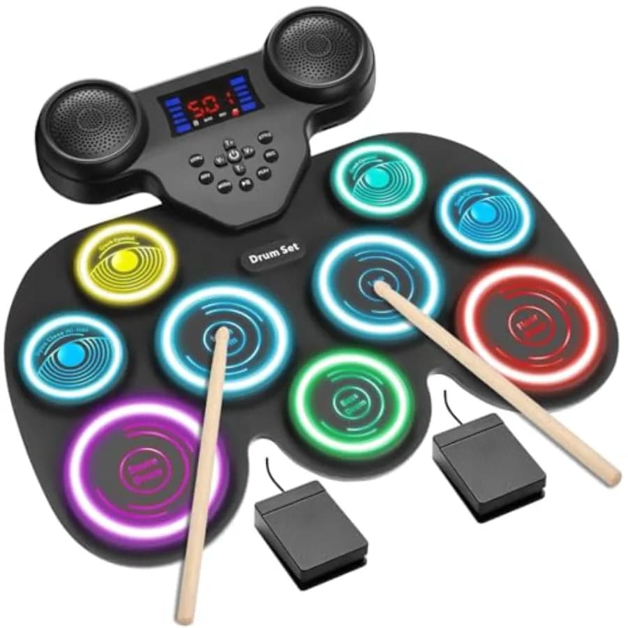 Set di Batteria Elettronica Portatile a 9 Pad con Luci LED Dinamiche a 7 Colori, Doppi Altoparlanti, Bluetooth, MIDI, Design Compatto per Adulti