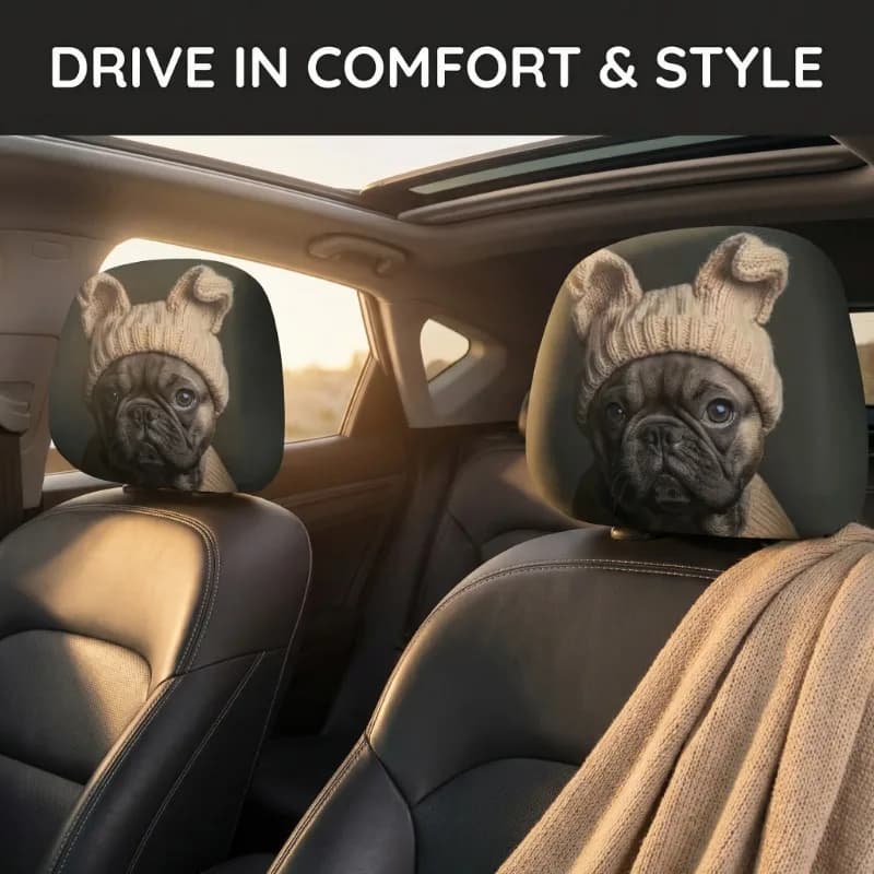 Copri Poggiatesta Auto con Motivo Bulldog Francese e Cappello Lavorato a Maglia, Set da 2 Pezzi, Protezione Universale per Poggiatesta Auto, Accessorio per Interni Auto