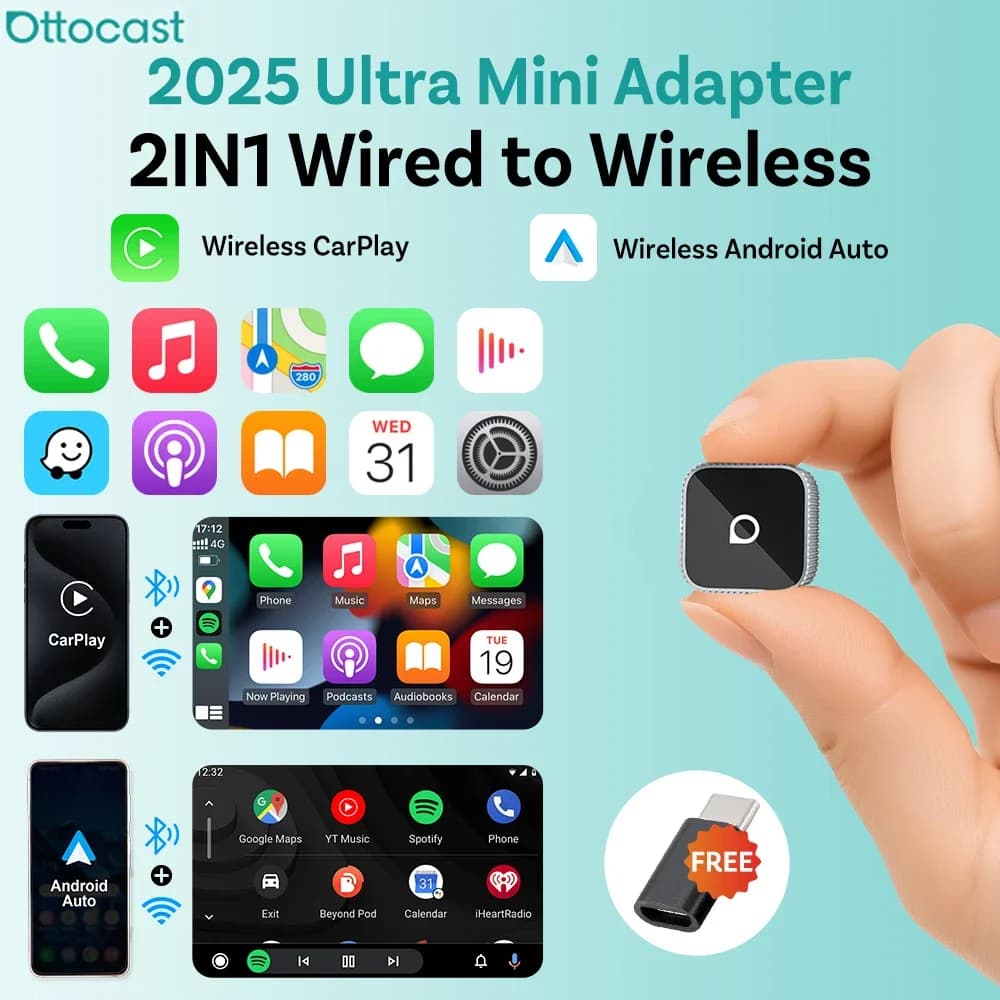 Adattatore Wireless Ottocast Ultra Mini per CarPlay e Android Auto, Dongle USB Plug & Play, Bluetooth 5.8, Connessione Wi-Fi Automatica per il 98% delle Auto
