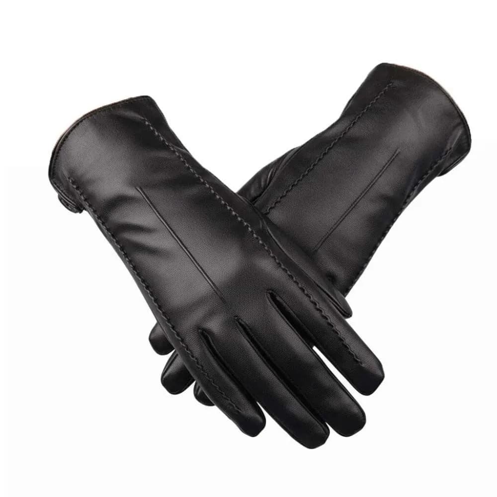 Fleece Lined Leather Gloves Anti-splash Water Classic Black Touchscreen Gloves Short Wrist Bowknot Decor Winter Mittens Riding