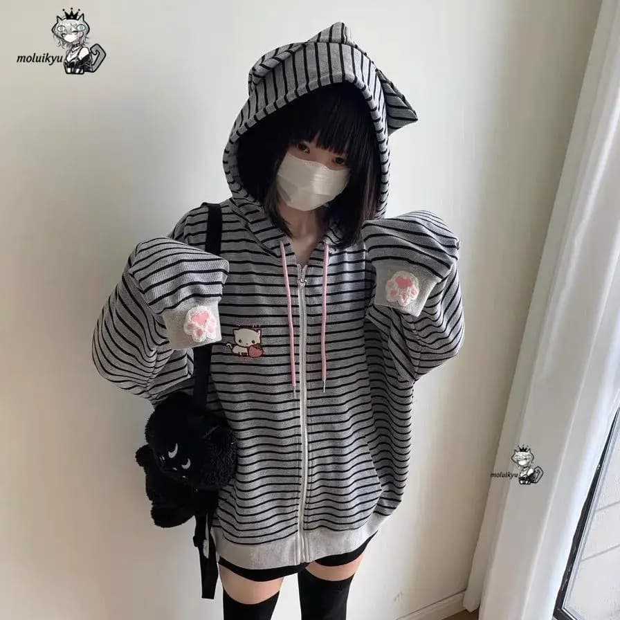 Felpa con cappuccio Y2K da donna a righe con zip, con orecchie da gatto Kawaii e ricamo a zampa di gatto, stile estetico giapponese Harajuku Streetwear