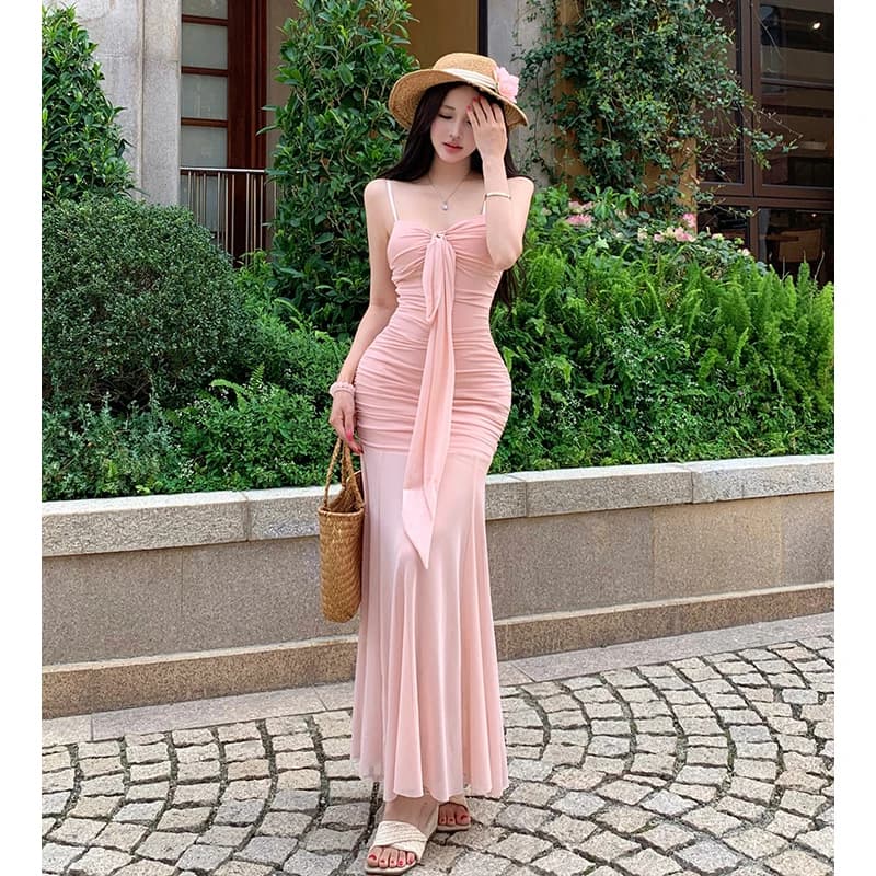 Elegant Summer 2026 Women's Off-Shoulder Long Dress Pure Desire Holiday Style Mesh Splicing Design High Waist Bodycon Dress
