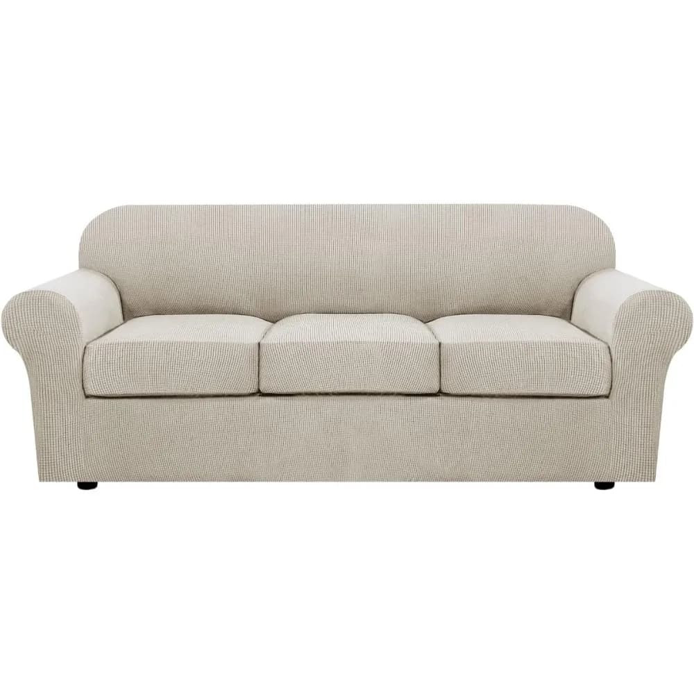 Stretch Sofa Covers for 3 Cushion Couch - Living Room Slipcovers (Base + 3 Cushion) with Thicker Jacquard Fabric