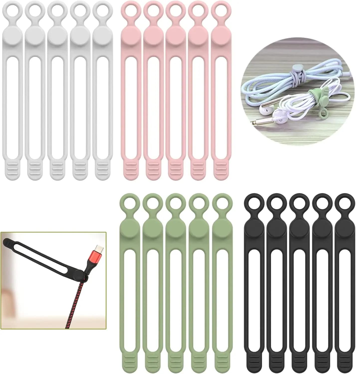 Fascette in silicone per cavi, confezione da 20, organizer riutilizzabile per la gestione e il fissaggio dei cavi con elastico estensibile