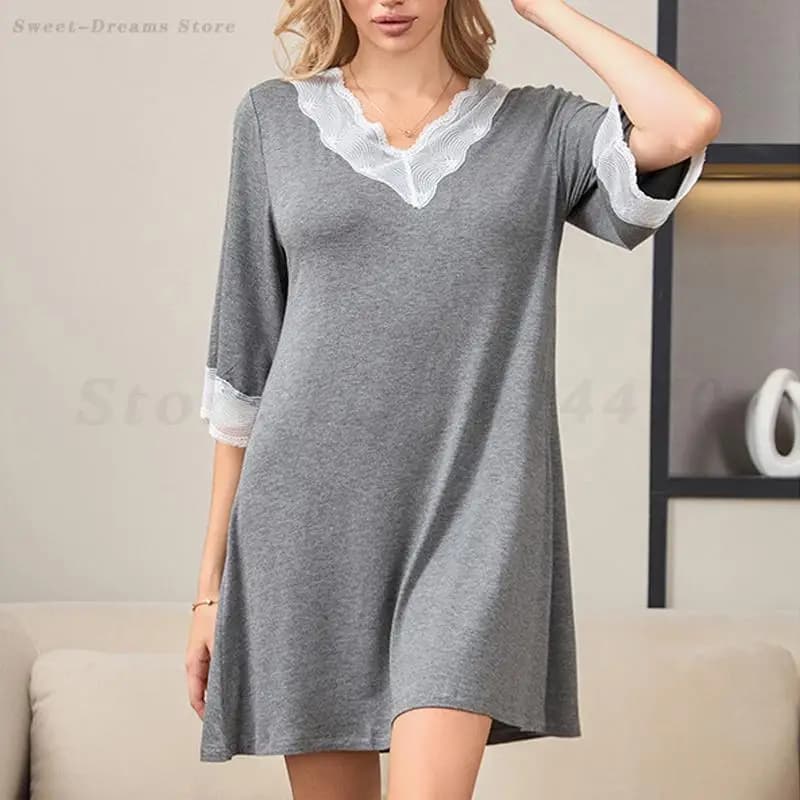 Indumenti da notte da donna Camicia da notte sexy con scollo a V in pizzo Modale Abbigliamento da casa Allentato Casual Mezza manica Camicia da notte Intimo Lingerie Pigiama