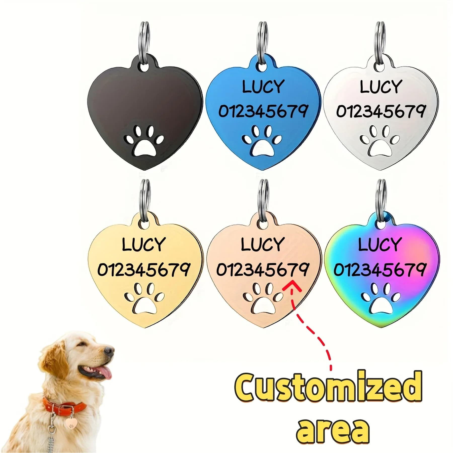 Targhetta Personalizzata per Collare a Forma di Cuore Incisa, Ciondolo Anti-smarrimento per Animali Domestici con Impronte di Zampe - Forniture Personalizzate per Gatti e Cani