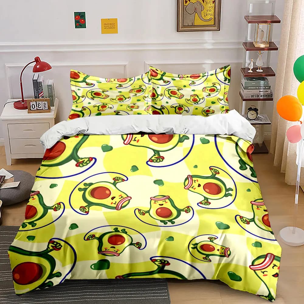 Cartoon Avocado Jump Rope Print Bedding Set for Kids Luxury Gift 3pcs Digital Print Comforter Set Soft Comfortable Breathable