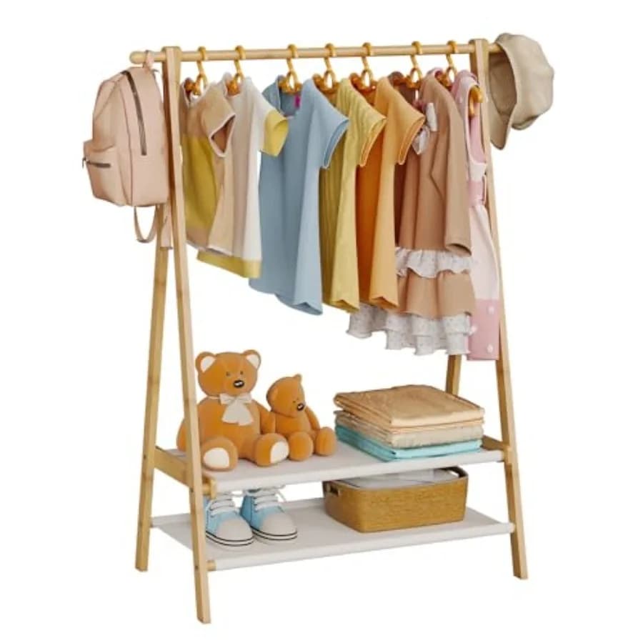 Clothing Rack with 2 Fabric Shelves Foldable Child Garment Stand with Hanging Rod Small Dress Up Organizer Bamboo Natural