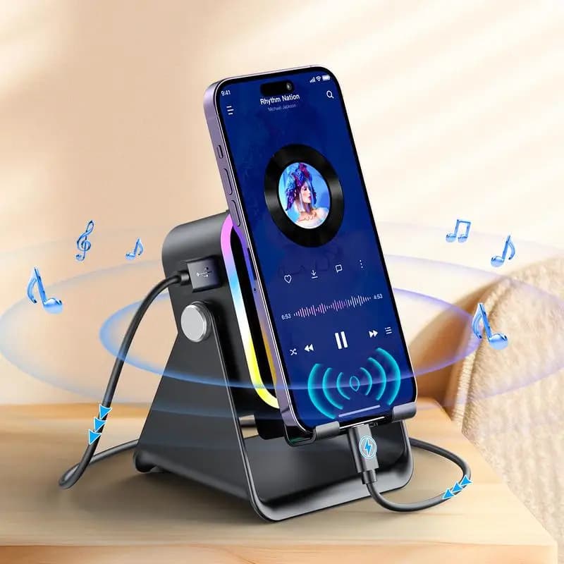 Staffa per altoparlante audio a induzione wireless Staffa regolabile a 360 gradi per alimentazione di emergenza con luce ambientale colorata.