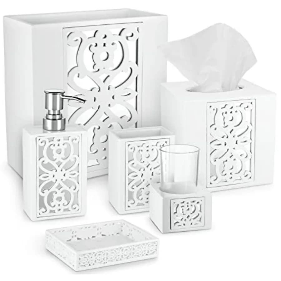 Set di Accessori per Bagno Bianchi, 6 Pezzi Completi: Dispenser Sapone, Porta Spazzolino, Bicchiere, Porta Sapone, Porta Fazzoletti
