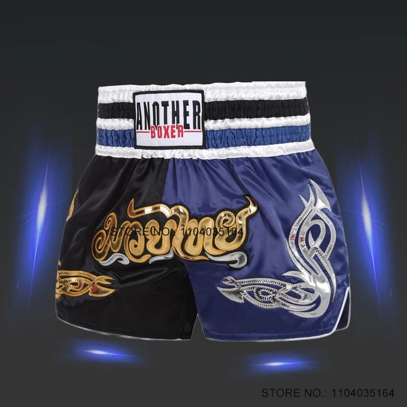 Muay Thai Pantaloncini da uomo Ricamo Pantaloni da kick boxing Donna Bambini Ricamo Raso Grappling Sparring Kickboxing Cage Pantaloni da combattimento