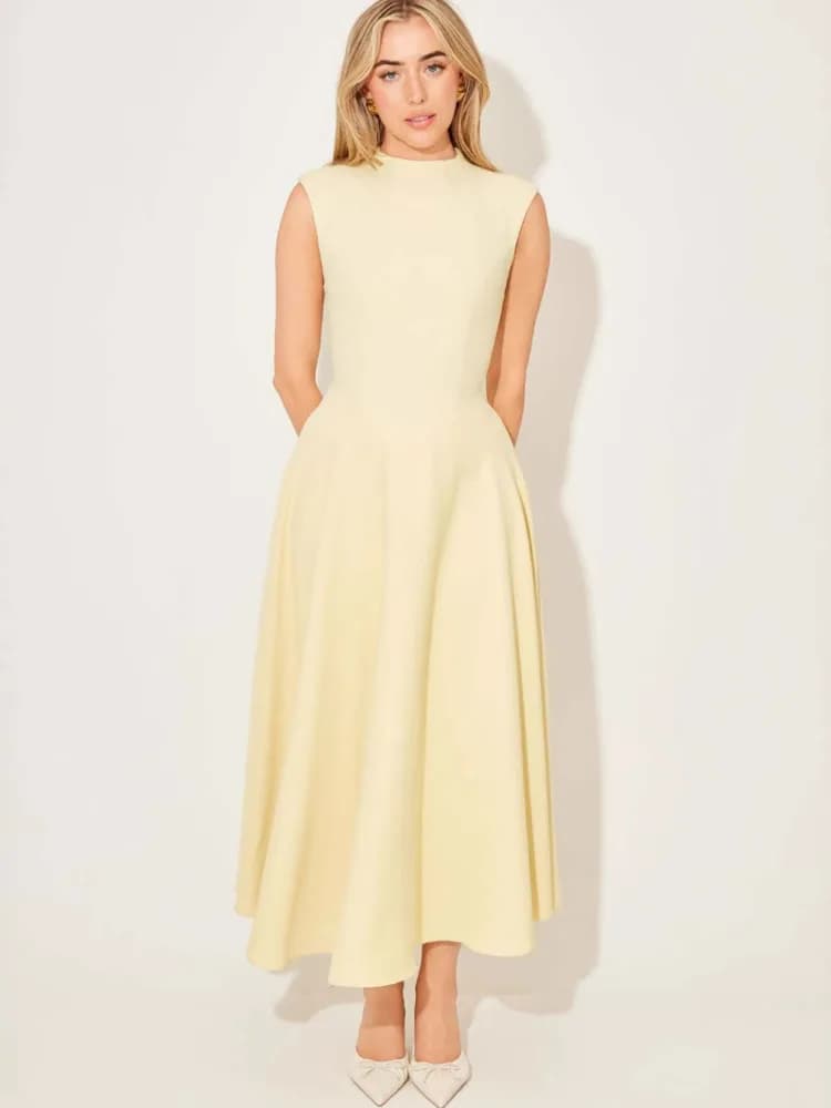 Mozision Sleeveless High Waist Sexy Midi Dress For Women Fashion Elegant Solid Pleated Club Party Long Dresses Female New
