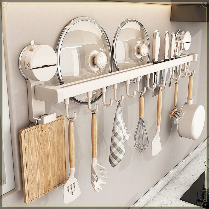 Kitchen Hook Rack Suction Cup Punch Free Wall Mount Aluminum Strong Load Bearing Multifunctional Kitchen Utensil Hanging Rack