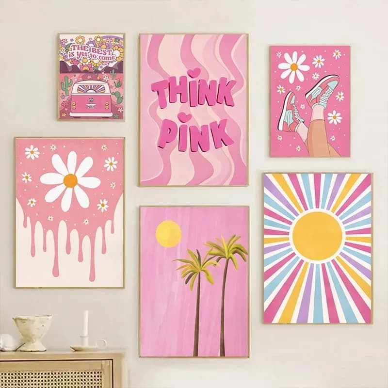 Fashion Pink Hippie Wall Art Prints Posters Tropical Mushroom Cuju Tiger Canvas Painting Bedroom Aesthetic Home Decor Pictures