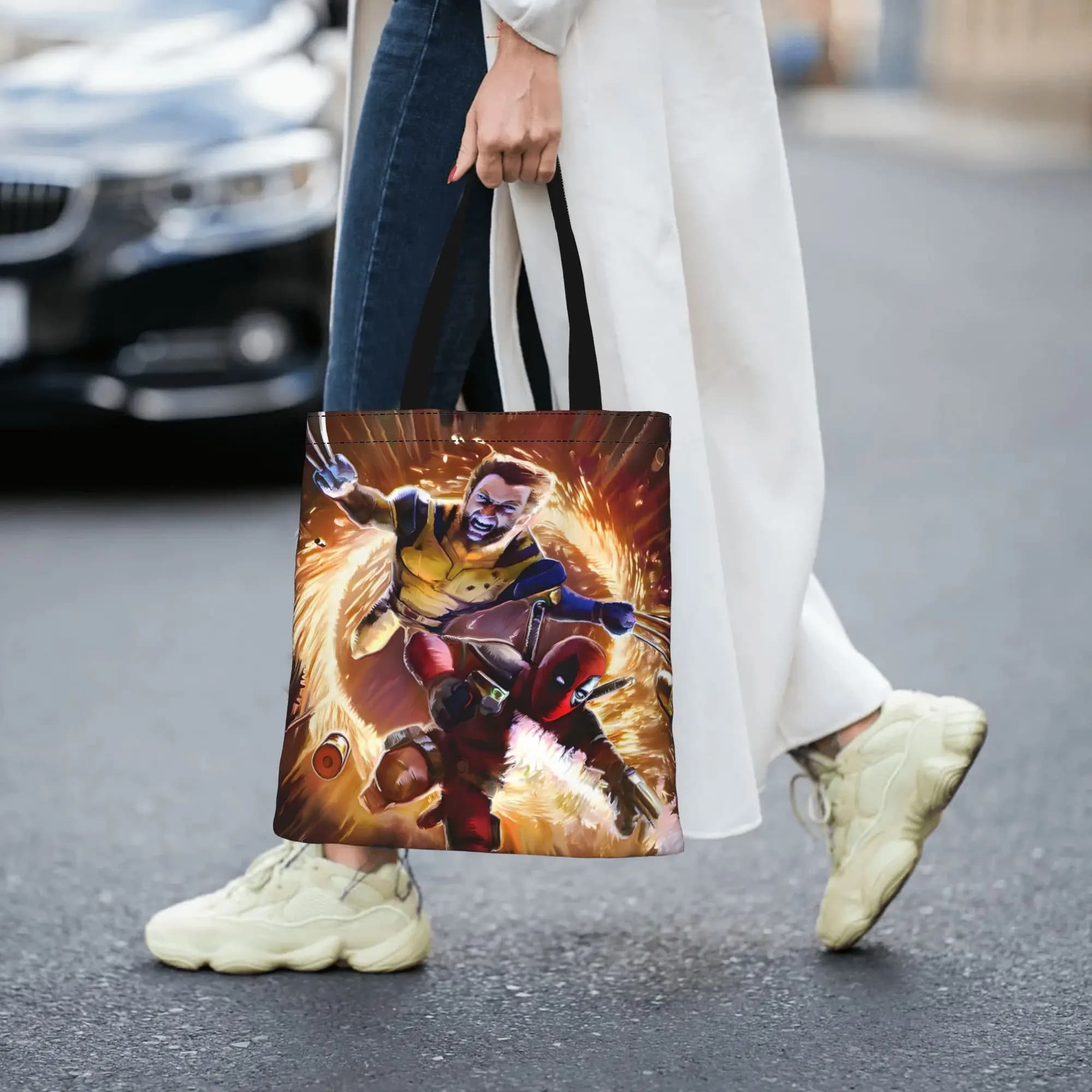 Borsa da donna 2026: Borsa tote in tela a doppio lato riutilizzabile con stampa Deadpool e Wolverine, borsa a tracolla Marvel per l'avventura