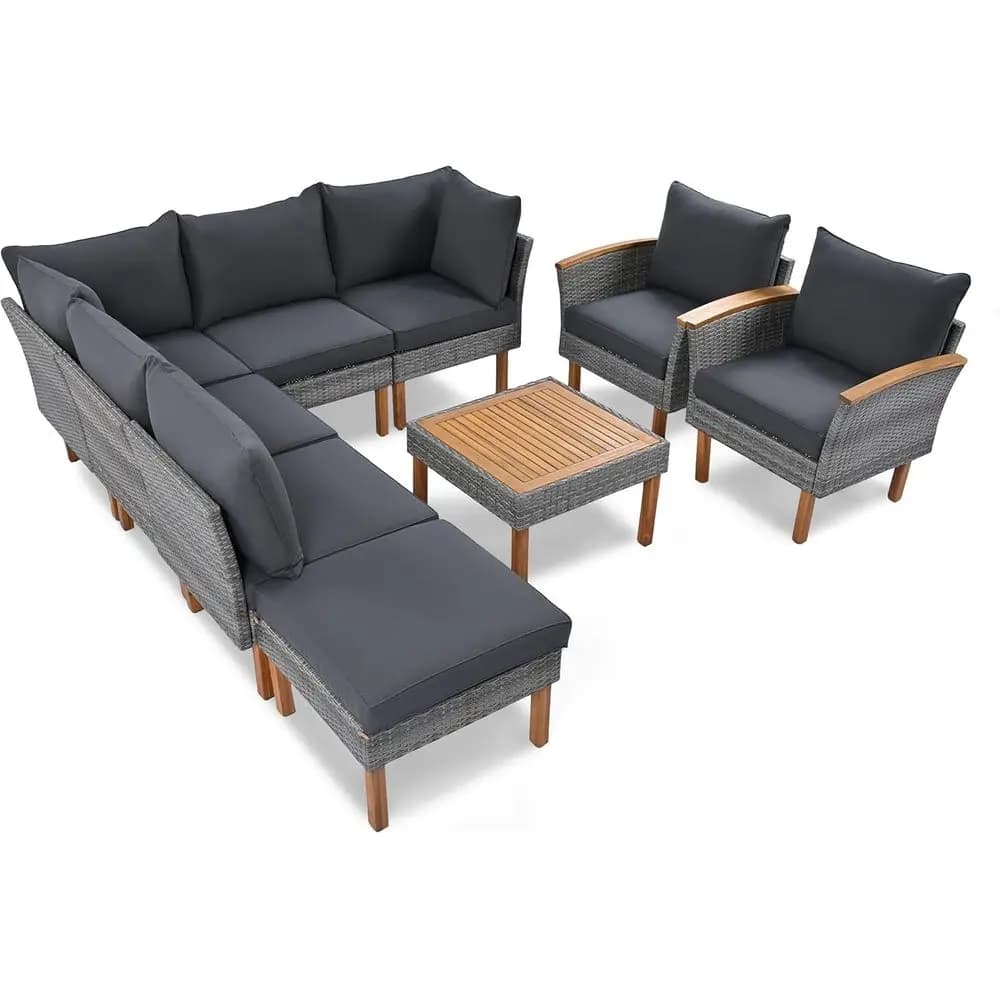 Gray Outdoor Wicker Sectional Patio Furniture Set with Acacia Wood Legs and Thick Cushions for Balcony