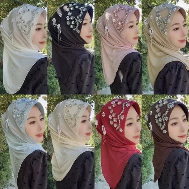 Nuovi Cappelli Etnici Africani Hijab per Donne Musulmane, Copricapo di Lusso Pratico per Uso Quotidiano, con Diamanti Beige, Hijab Portafortuna Cucito a Mano
