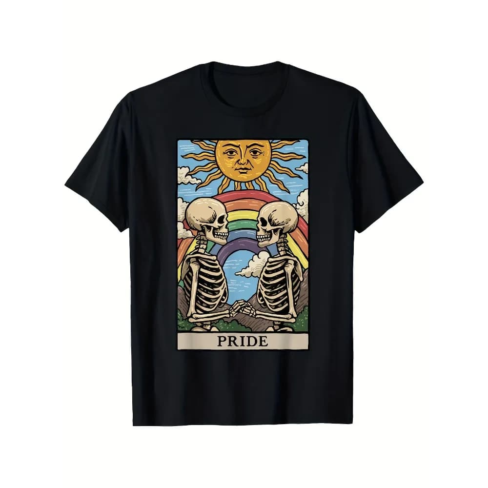 T-shirt da uomo pesante 180gsm Pride Tarot XVI - Design Gotico LGBTQ+ Scheletro e Arcobaleno Tarot XVI (XVIII-like), Nero