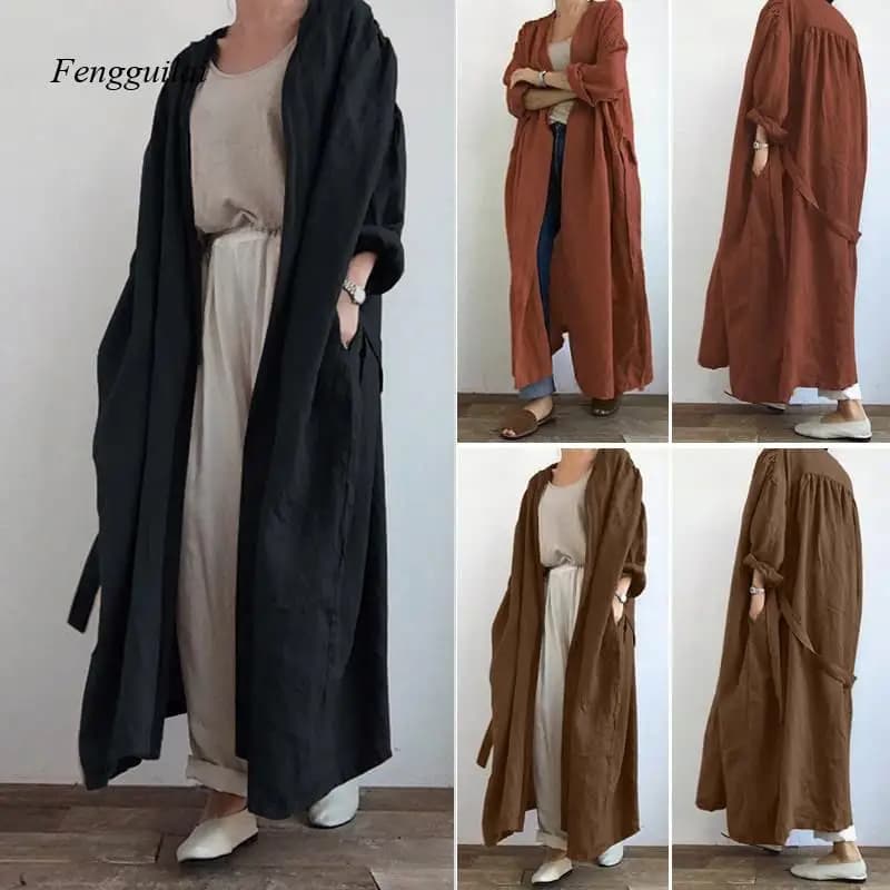 Cappotto Lungo Leggero in Misto Lino per Donna - Kimono Maxi Aperto sul Davanti con Tasche e Cintura per Copertura Estiva da Spiaggia