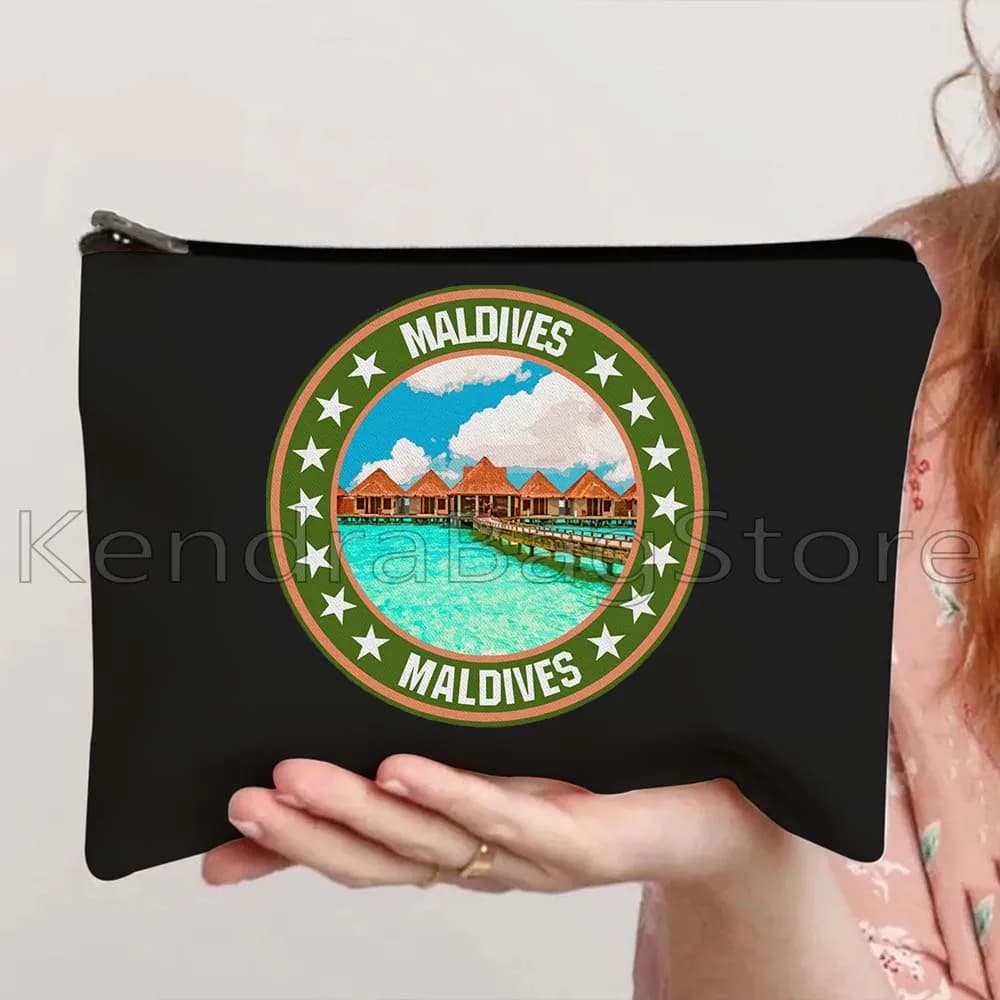 Vintage Maldive Manta Bandiera Mappa Palme Tramonto Spiaggia Oceano Paesaggio Tela Trucco cosmetico Borsa da toilette Astuccio con cerniera