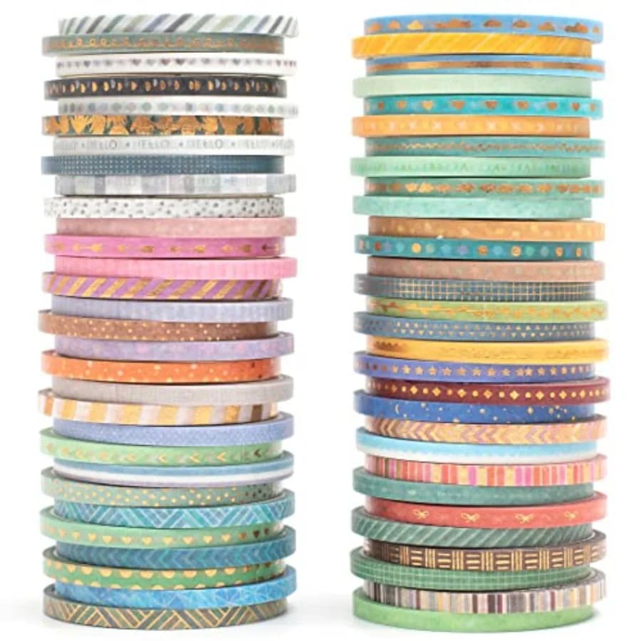 60 Rolls Skinny Washi Tape Set Gold Foil Masking Thin Basic Patterns Decorative Tapes for Arts, DIY Crafts, Journals, Planners,