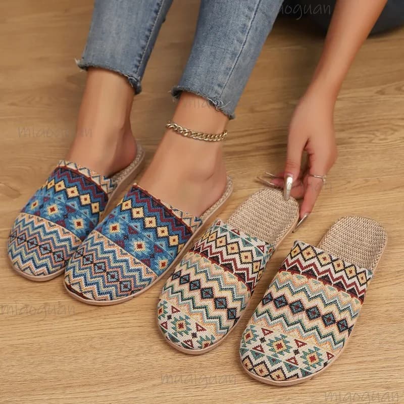 Pantofole estive nuove in lino intrecciate con punta di copertura in erba Pantofole da interno per la casa da donna in stile etnico di grandi dimensioni comode