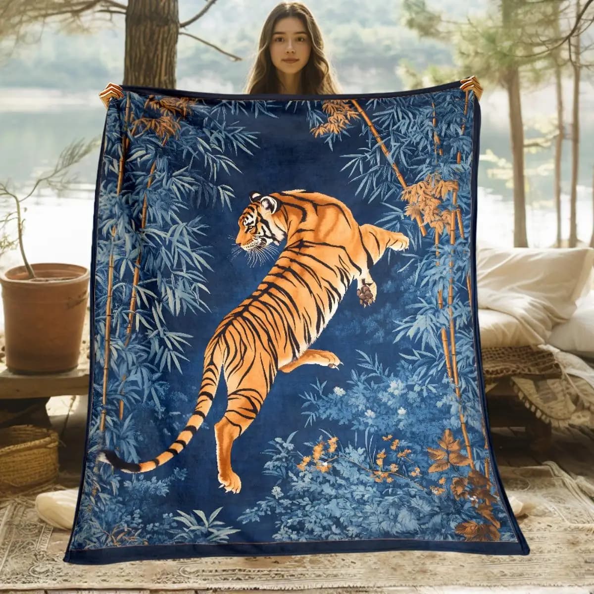 Blue scene tiger pattern Flannel printed blanket suitable for all seasons suitable for living room office sofa and travel