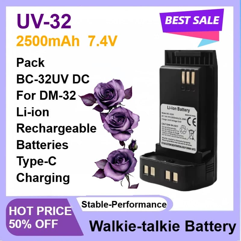 Batteria 7.4V 2500mAh per Radio Baofeng UV-32, Pacco Batterie BC-32UV DC DM-32 per Walkie Talkie, Batterie Ricaricabili agli Ioni di Litio con Ricarica Type-C