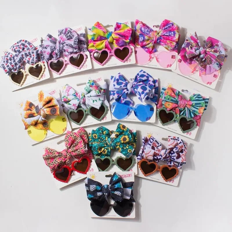 Set di occhiali con cinturino per capelli e fiocco per neonati, combinazione di occhiali da sole per bambini da esterno, accessorio per bambini in 2 pezzi