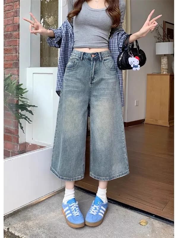 Retro American Washed Straight Leg Jeans Women's Fashion Loose plus Size Wide Leg Eighteen Jeans Casual High Waist Denim