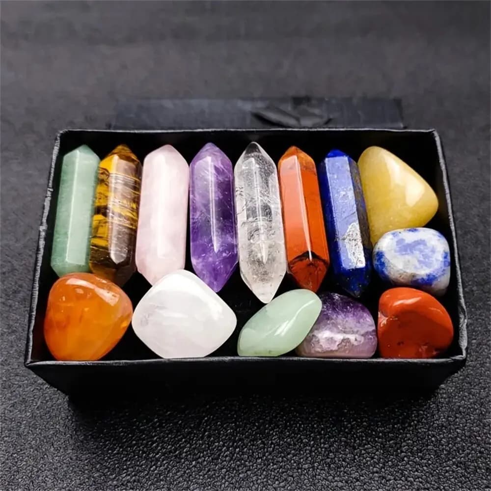 Set of 14 Chakra Crystal Columns in Natural Stone, Decoration for Fai-da-Te necklaces, Suitable for Yoga, Meditation and Gifts