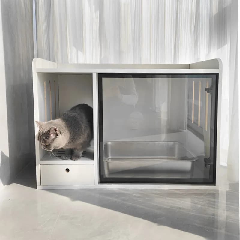 Solid wood semi-enclosed cat toilet, odor-proof and leak-proof sand cleaning cabinet, balcony corridor-style cat litter cabinet