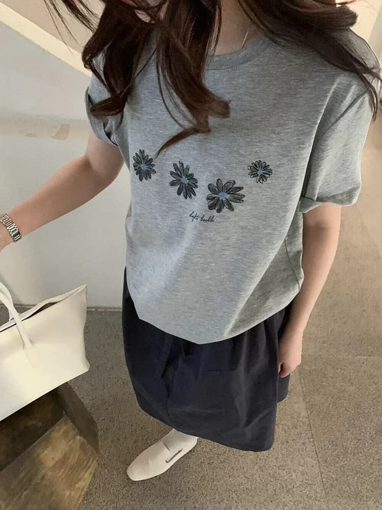 Korean Style Loose Fit Plus Size Printed Short Sleeve T Shirt for Women Summer