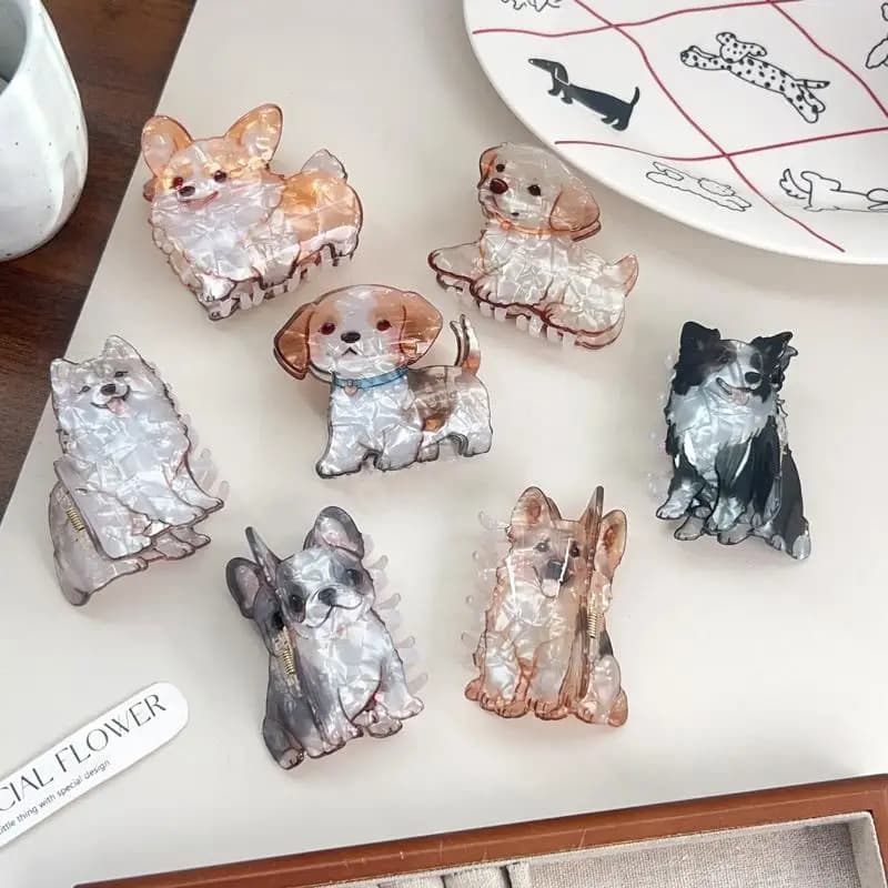 Simpatici piccoli animali cuccioli fermagli per capelli in acrilico testa posteriore clip di squalo cartone animato Samoye Corgi Border Collie accessori per artigli per capelli