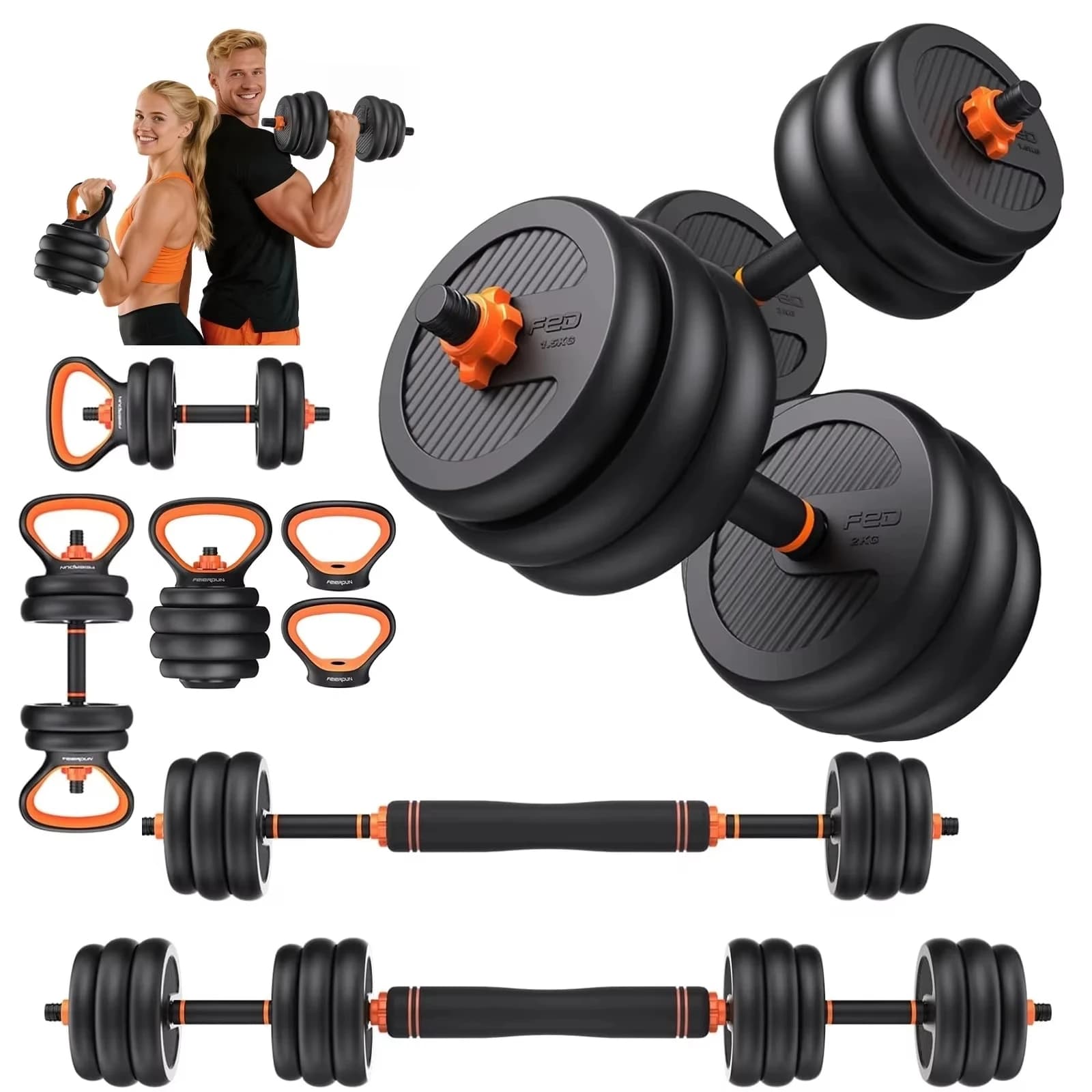 FEIERDUN adjustable weights, 90-pound free weight set with connector, 5 in 1 handlebar set that can be used as a barbell, kettlebell, push support