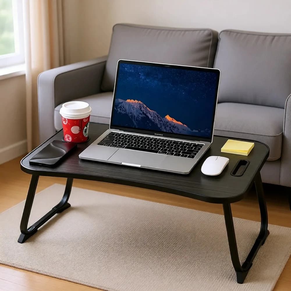 Scrivania da letto pieghevole con portabicchieri, slot per tablet e maniglia di sollevamento per lavorare, scrivere, disegnare, mangiare