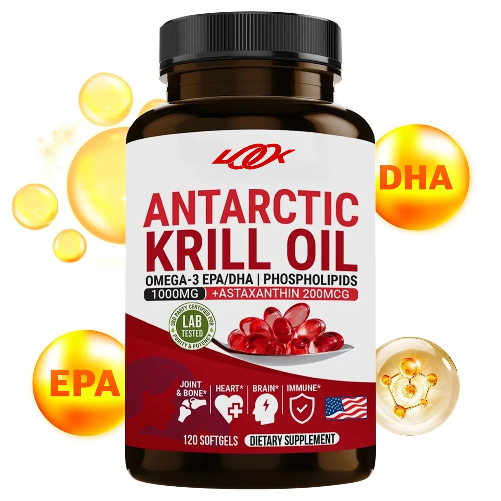 Antarctic Krill Oil: cardiovascular, articular and skin health. Non-GMO, contains EPA and DHA to support eyes