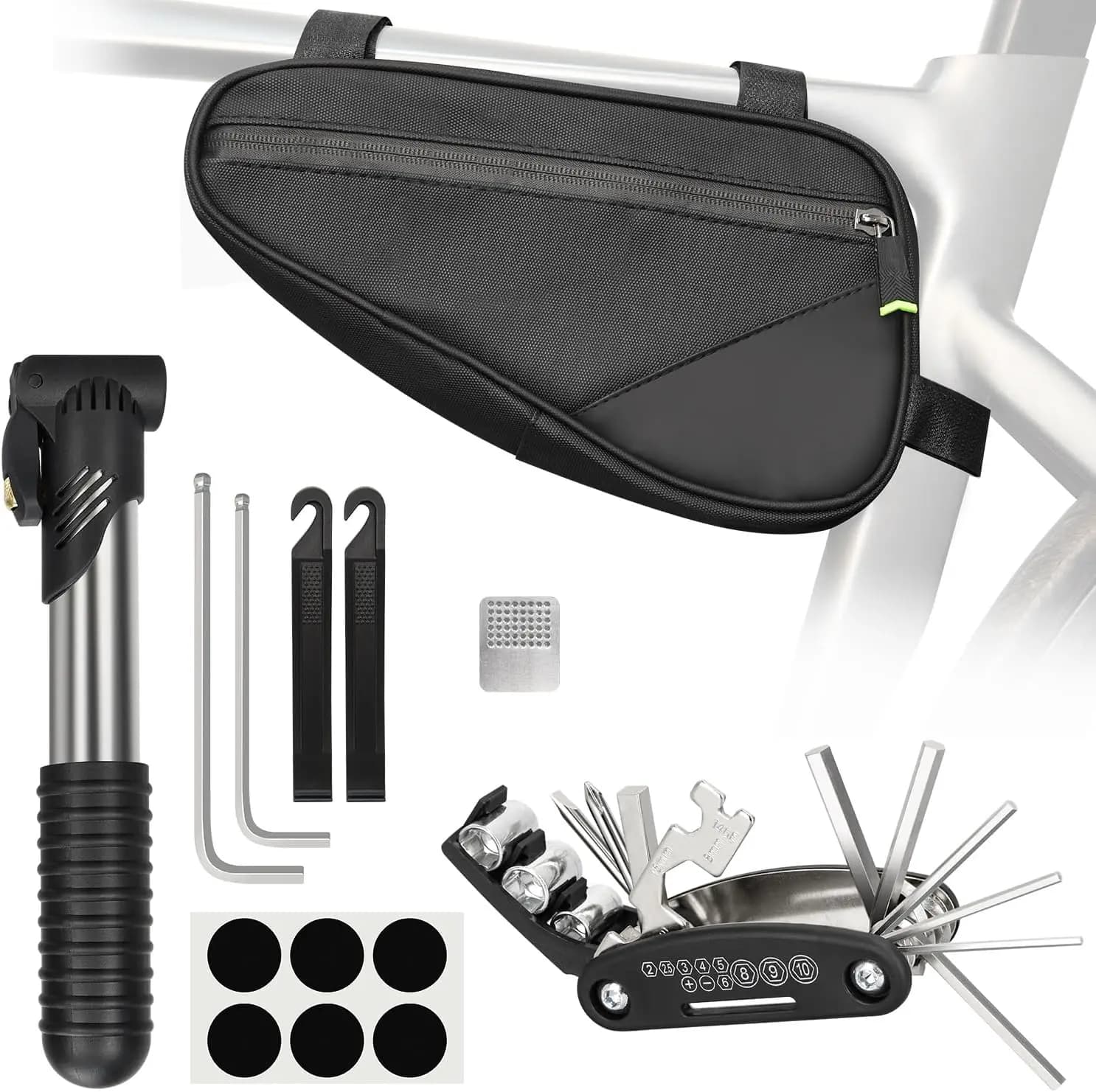 Kit di riparazione bici Borsa per riparazione biciclette con pompa per pneumatici Kit di attrezzi per bici per viaggi in campeggio Multiutensile per bici 16 in 1 Riparazione pneumatici per biciclette Ki
