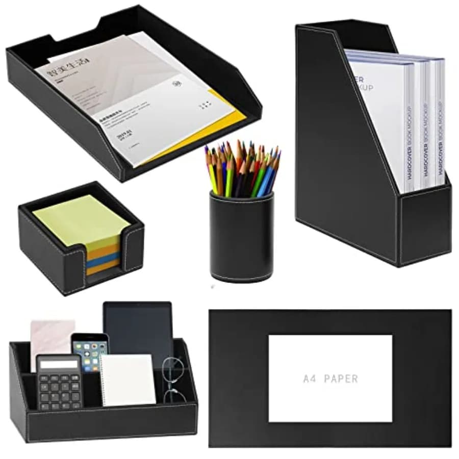 Set da scrivania in similpelle PU da 6 pezzi, include blocco per appunti, portadocumenti, organizer per lettere, portariviste, portapenne.