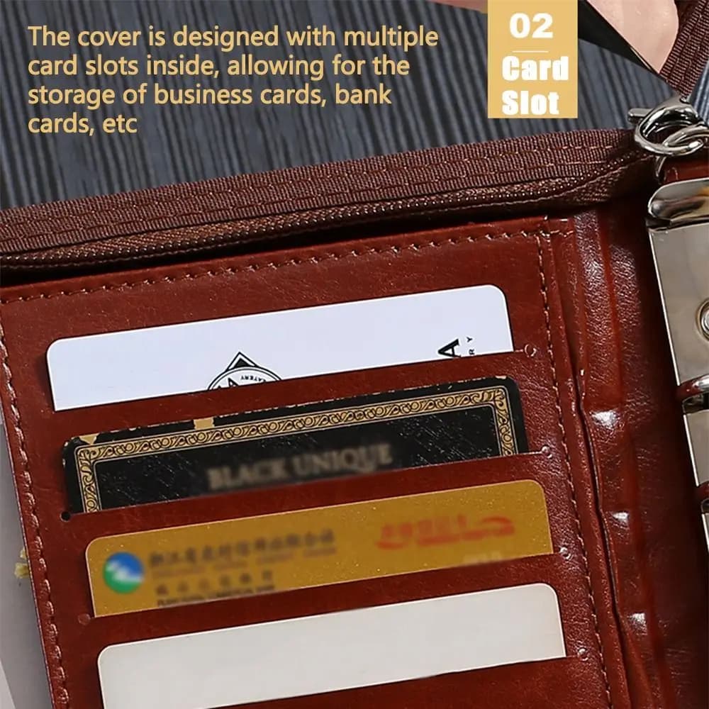 Cartella di file portatile Porta carte in pelle PU Raccoglitore per portafoglio Chiusura con cerniera a 6 anelli Archiviazione di documenti per libri di registrazione di lavoro