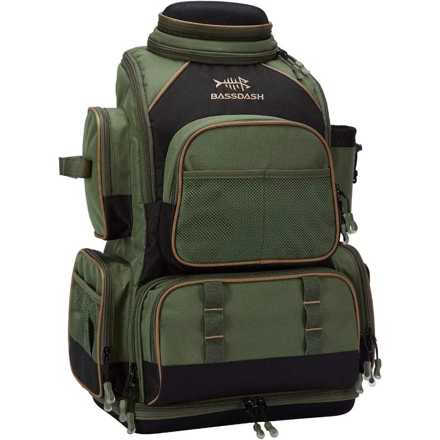 Water resistant fishing gear backpack with tactical design soft equipment box with rod support and rain protection cover for