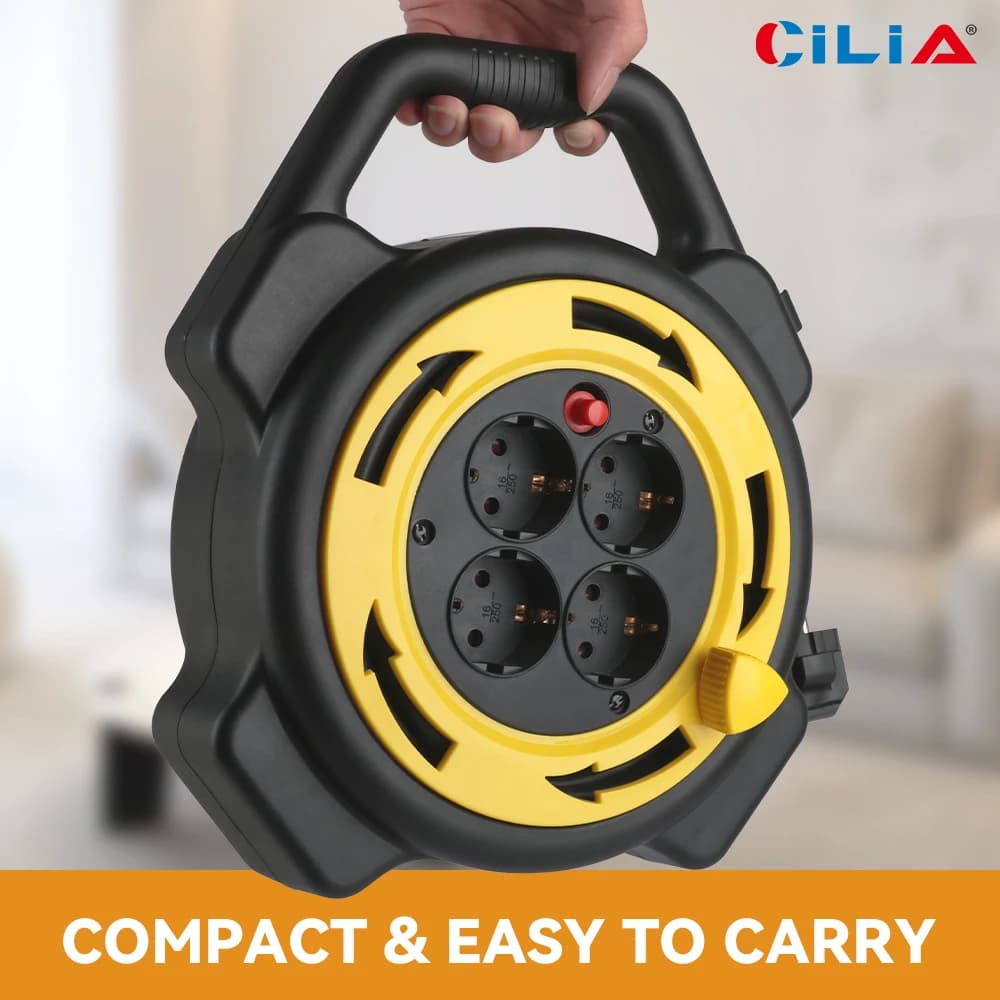 3000W Retractable Extension Cord Reel, Cilia 10M Cable with 4 Sockets, Multi Tap Power for Indoor Garden Home Use