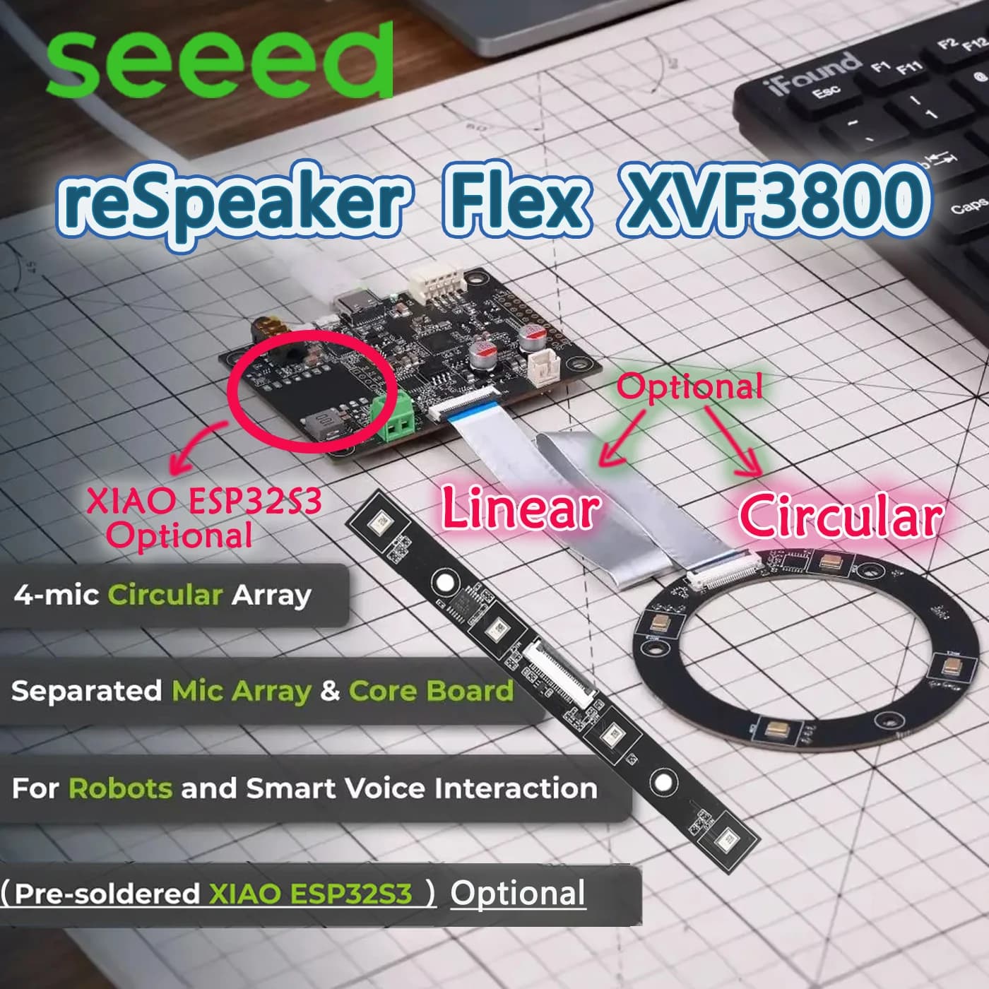 reSpeaker Flex XVF3800 Circular Linear 4-Mic AI Microphone Array,360° Far-Field Voice Capture,USB/I2S for Robotics Embodied AI